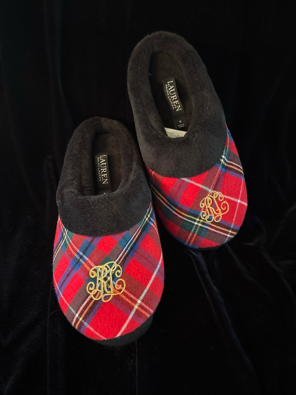 Lauren Ralph Lauren Red Plaid Slip-On Slippers Medium